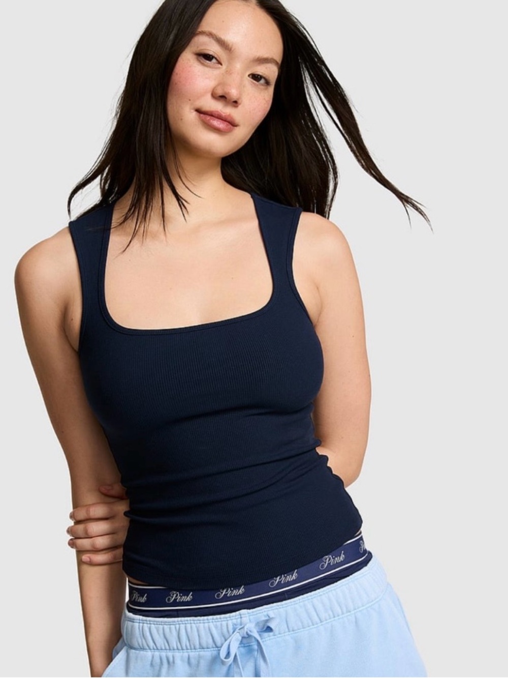 NWT Victoria’s Secret PINK All-Day Soft Rib Square-Neck Tank Top in Noir Navy